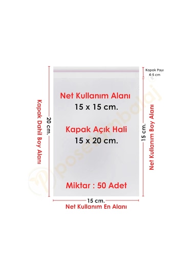 15x15+5 Cm. 15x20 50 Adet Şeffaf Bantlı Yapışkanlı Opp Poşet