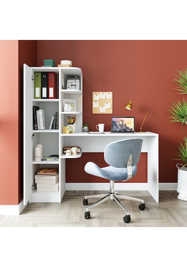 Roma Raflı Çalışma Masası , Çalışma Ofis Masası Sol Dolaplı Beyaz Mat Beyaz