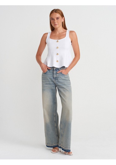 Dilvin 31979 Düğmeli Peplum Top-beyaz Beyaz