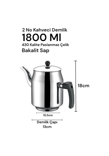 430 Paslanmaz Çelik Kahveci Demlik 1800ml 2 No Gri