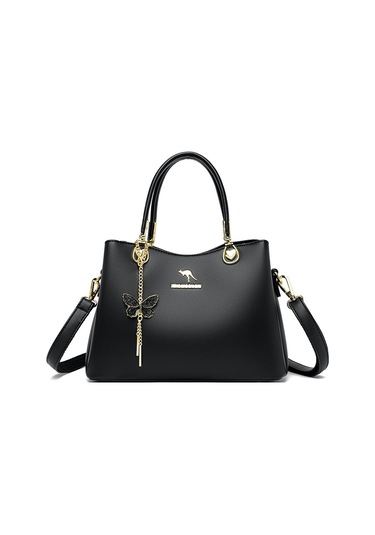 Moda Kadın Çantası Düz Renk Retro Üç Katlı Büyük Kapasiteli Tek Bölmeli Çanta Kadın Moda Kelebek Kolyesiyah Diğer