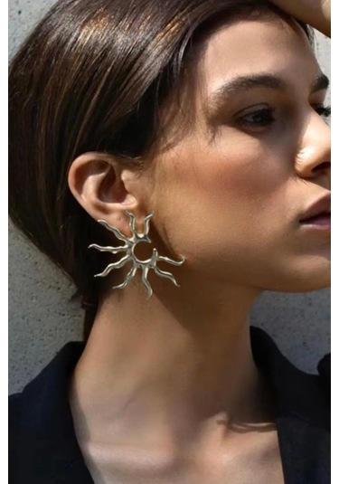 Güneş Figürlü Gümüş Renk Küpe Gümüş