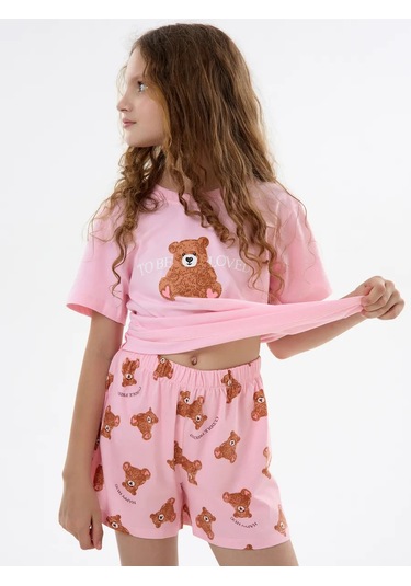 Sleepy Team Kısa Kollu Tişörtlü Ve Şortlu Ev Pijaması 432793519 Tozlu Pembe