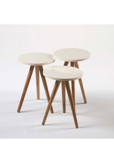 Zigon Sehpa Ve Orta Sehpa Set Ahşap Torna Elips Krem