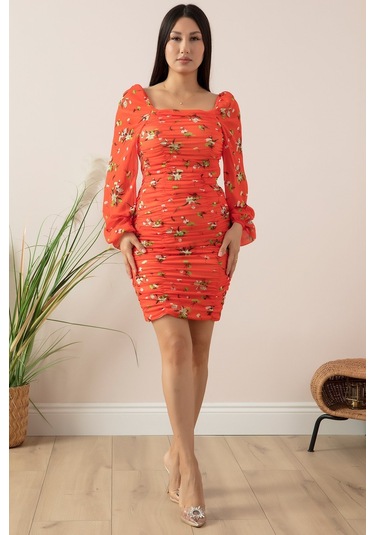 Kalopya Empirme Balon Kol Elbise 221671- Çok Renkli