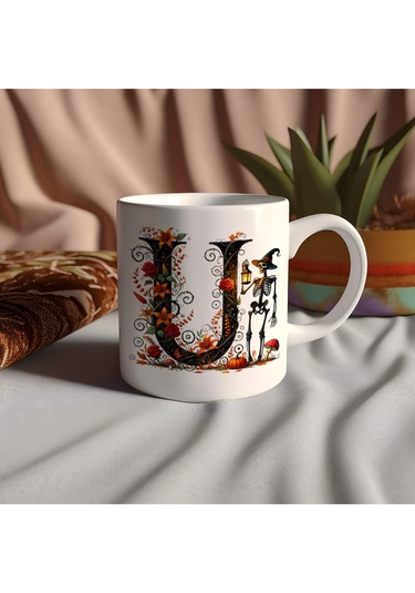 U Harfi Şapkalı İskelet Figürlü Ve Çiçekli Kupa Bardak - Cadılar Bayramı / Halloween Özel Hediye Beyaz