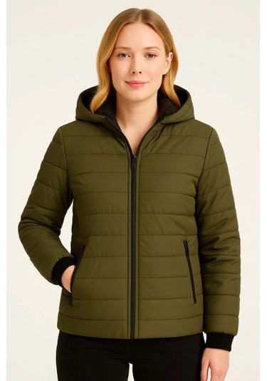 Şişme Kapüşonlu Fermuarlı Mont Su Itici Kapitone Astarlı Kumaş Cepli Kışlık Rahat Kalıp - Haki Haki