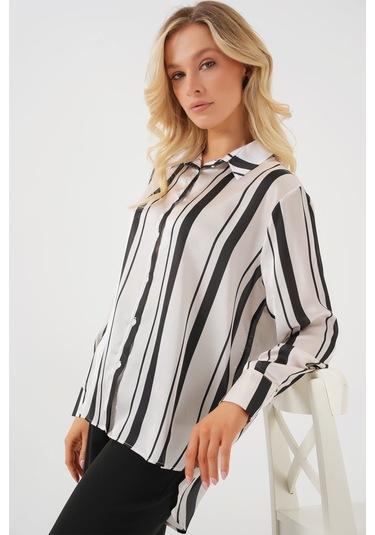 Gülsüm Aydın Çizgili Uzun Saten Gömlek 20291 - Siyah Siyah