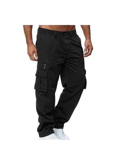Ayw Erkek Pantolon Çok Cepli Düz Orta Bel Kargo Pantolon Günlük Giyim İçin Siyah