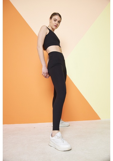 Haki Yüksek Bel Fitilli Toparlayıcı İnterlok Örme Şardonlu Spor Kışlık Tayt SiYAH