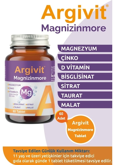Argivit Magnizinmore Magnezyum Çinko Ve Vitamin D İçeren Takviye Edici Gıda 60 Tablet