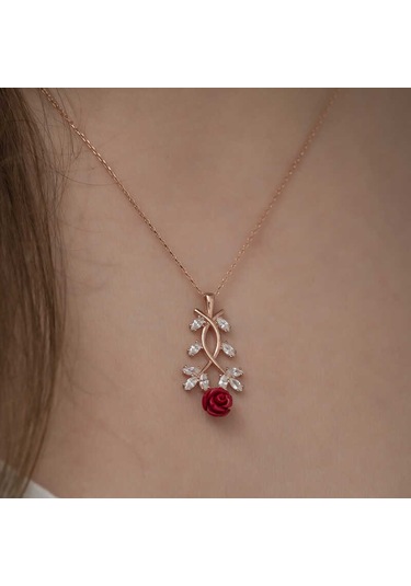 925 Ayar Gümüş Rose Kırmızı Gül Gümüş Kolye Gümüş