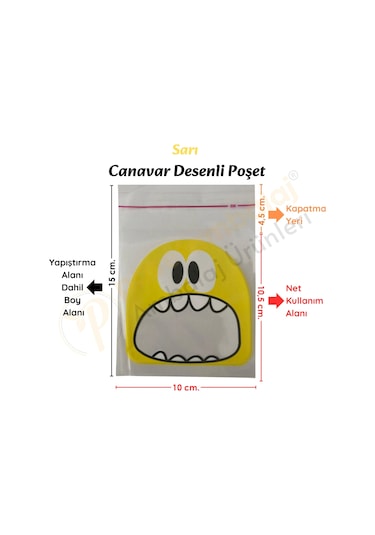 100 Adet Pembe-sarı-mavi Renkli Canavar Desenli Cake Pop & Kurabiye Poşeti-10x15 Cm