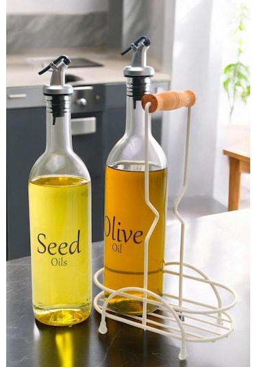 Digithome Luxe 2'li Krem Metal Standlı Ahşap Saplı Yağdanlık Seti Şeffaf Etiketli Cam Yağlık 750 Ml Cys-12 Krem