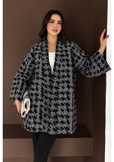 Kazayağı Desenli Kimono Siyah Siyah