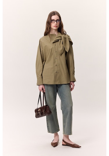 Bağlamalı Detaylı Tasarım Gömlek Haki Haki