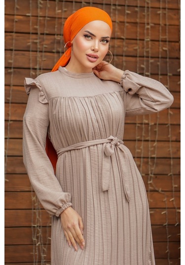 Fırfırlı Pilise Elbise 777 - Taş