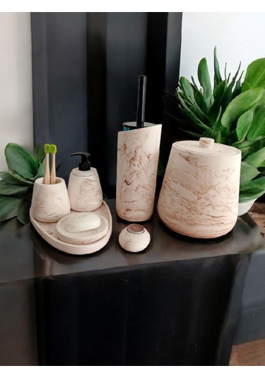 Mermer Desen Bej Beton Banyo Seti,tuvalet Wc,çöp Kovası,katı,sıvı Sabunluk,tepsi,dekorasyon,aksesu Bej