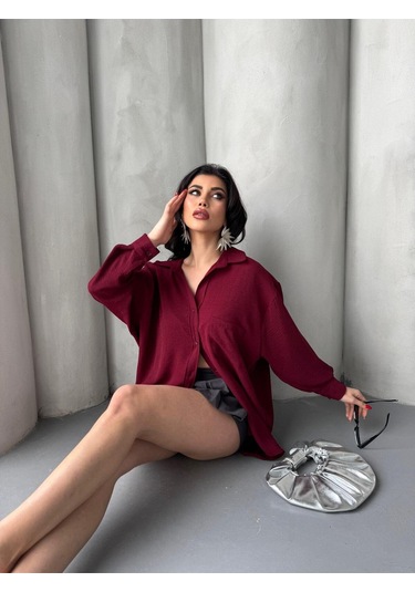 Paw Garage Kadın Flory Ayrobin Oversize Tek Cep Gömlek Bordo
