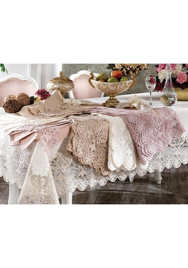 Fransız Güpürlü Yakut Masa Örtüsü Takımı 26 Parça Ekru Altın