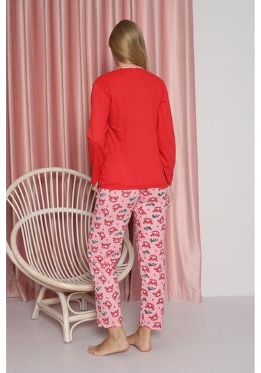 Kadın Penye Sıfır Yaka Uzun Kollu Pijama Takımı Kırmızı