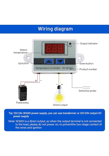 Tenfowee Xh-w3001 Mikroişlemci Sıcaklık Kontrol Cihazı, Led Ekranlı, Isıtma/soğutma Modu, -50 C 110 C Aralığı, 24v, Su Geçirmez Sensörlü Beyaz