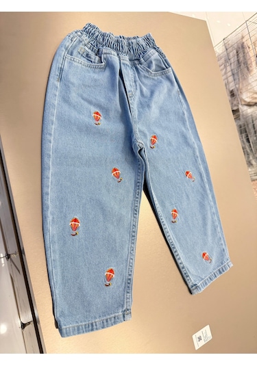 Magu Unisex Çocuk Pamuklu Balon Nakışlı Oversize Kot Pantolon Mavi