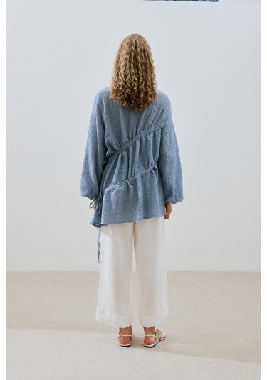 Büzgü Bağlamalı Dokulu Tunik Mavi Mavi