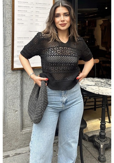 Kadın Siyah Ajurlu Merserize Triko Örme, Terletmez, Salaş Kalıp, Polo Yaka Bluz Siyah