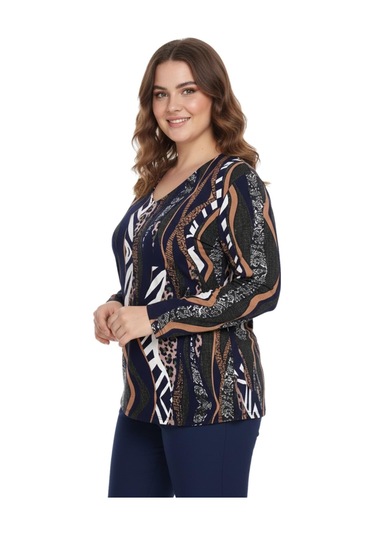 Linsolita Kadın V Yaka Modelli Baskılı Bluz Bgl-st05107 Lacıvert