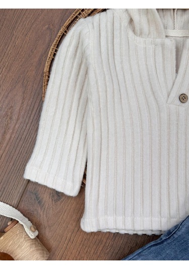 Yumuşak Doku Sweatshirt Esnek Kot Pantalonlu Erkek Bebek 2'li Takım Krem