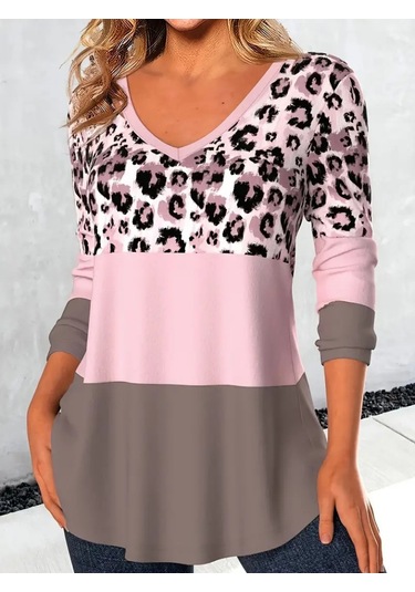 Soonaksesuar Kadın Uzun Kollu V Yakalı Leopar Baskılı Şardonlu Dalgıç Bluz Pembe