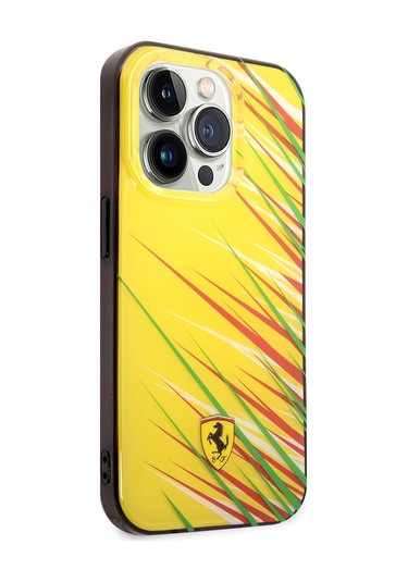 İphone Uyumlu 14 Pro Max Kılıf Ferrari Lisanslı Baskı Logolu Çimen Desenli Kapak Sarı