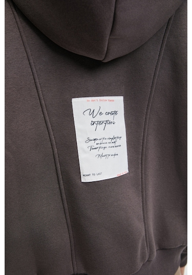 VYSELLE Kadın Önü Kesikli Metal Fermuarlı Kapüşonlu Etiket Detaylı Oversize Antrasit Sweatshirt