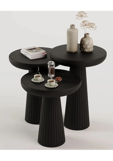 3 Lü Siyah Set Kalın Fitilli Mantar Yan Sehpa Modern