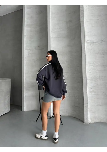 Yarım Fermuarlı Newyork Yazılı Sweat Antrasit