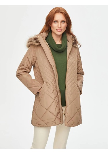 Faik Sönmez Kürk Kapüşonlu Kapitone Kadın Kaban B00041 Bej