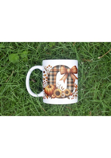 O Harfi Ekose Ve Sonbahar Temalı Kupa Bardak - Kişiye Özel Sıcak Tonlar Alfabe Kupa - Hediye Beyaz