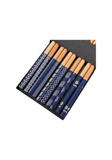 Blue 5 Pairs El Yapımı Doğal Bambu Ahşap Çubuklarını Sağlıklı Çin Karbonizasyon Çubuklarını Yeniden Kullanılabilir Suşi Gıda Sopa Sofra Seti