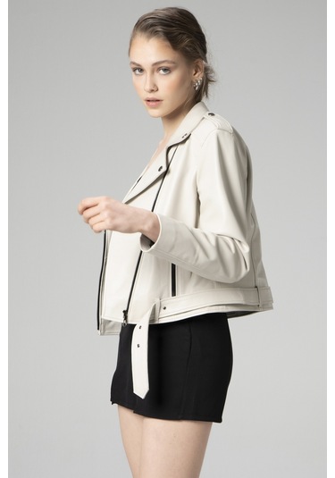 Bej Dericlub Wm021 Gerçek Deri Biker Kadın Deri Mont