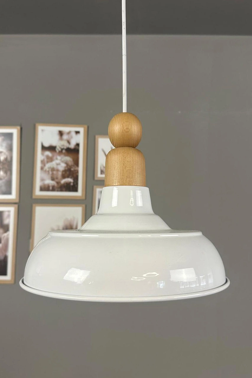 Veluna Beyaz Tekli Kalın Ahşap Boncuk Başlık Avize Retro Sarkıt Showroom Salon Mutfak Avizeleri Beyaz