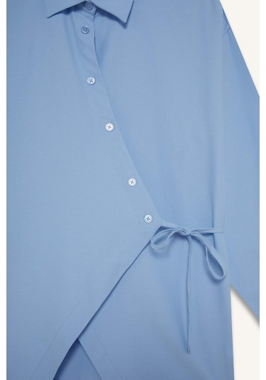 Defacto Regular Fit Gömlek Yaka Önden Bağlamalı Poplin Uzun Kollu Gömlek Tunik F8347ax25aube768 Mavi