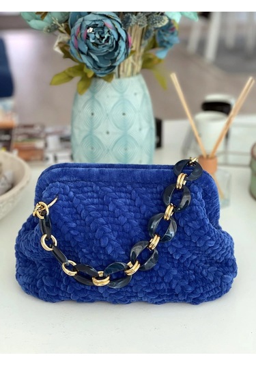El Yapımı Gece Mavisi Yün Örgü El Çantası Mavi