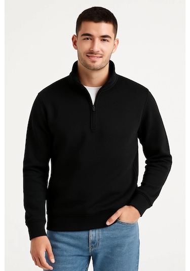 Erkek Dik Yaka Sweatshirt Dik Yaka Yarım Fermuarlı 3 İplik Şardonlu Pamuk Kumaş - Siyah Çok Renkli