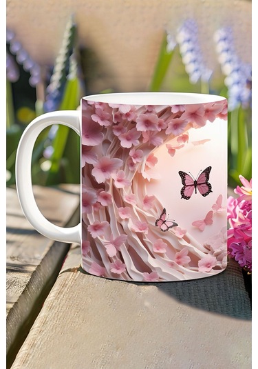 3d Görünümlü Pembe Çiçek Ve Kelebekler No:1 3d Tasarım Baskılı Kupa Bardak Mug Beyaz