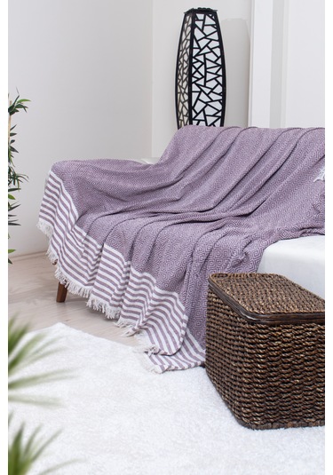 Pamuklu Püsküllü Elmas Desenli Koltuk Örtüsü 170x210 Cm Dekoratif Kanepe, Yatak Ve Tv Örtüsü Bordo