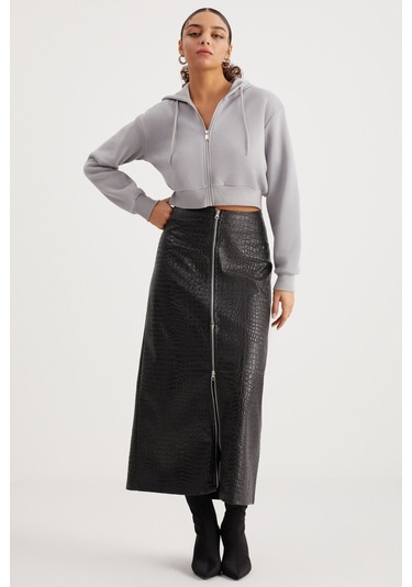 Delıa Kadın Crop 3 Iplik Şardonlu Örme Relaxed Fit Fermuarlı Kapüşonlu Gri Sweatshirt