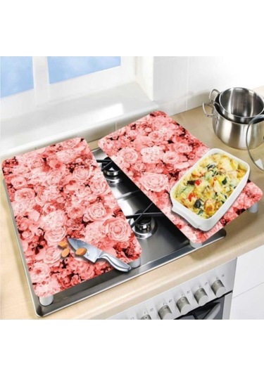 Dekoratif Cam Ocak Koruyucu ve Kesim Tahtası Çoklu Güller 60Cm X