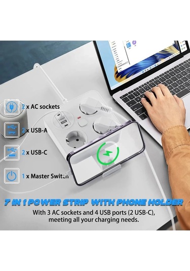 Akım Korumalı Anahtarlı Priz - 3x Priz - 2x Usb - 2x Type-c - 2 Mt Kablo Hızlı Şarj Özellikli Siyah Belirtilmemiş