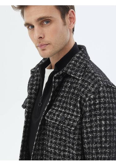 Kip Siyah Kareli Regular Fit Dokuma Yün Karışımlı Overshırt Siyah